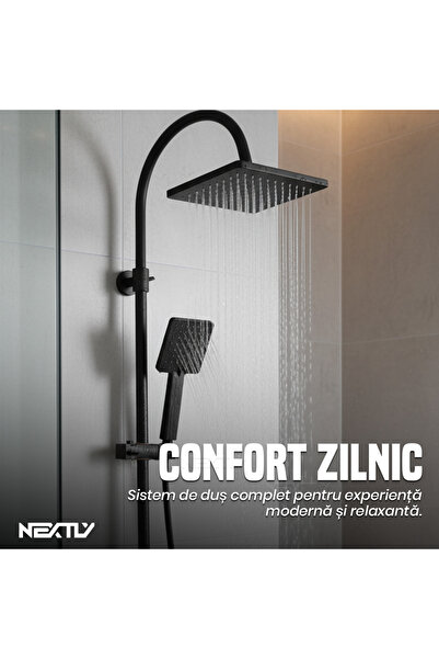 NEXTLY Shower Column, Black Matte, Stainless Steel & ABS, Rainfall Head, Fixed 90cm Height