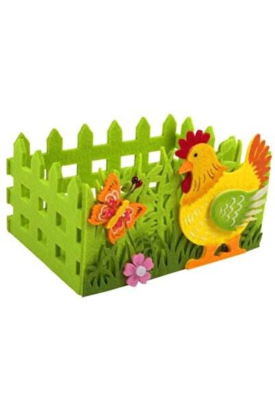 OEM Coșuleț decorativ de Paște din fetru cu gard verde, găină și fluture 17x13cm