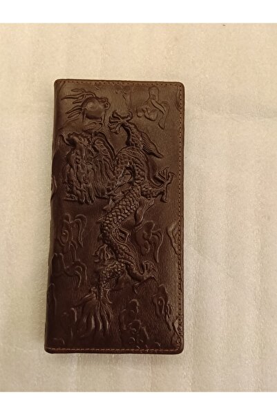 Butik Tülin Unisex otantik hakiki deri kahve ejderha baskı 2 kağıt para 1 fer...