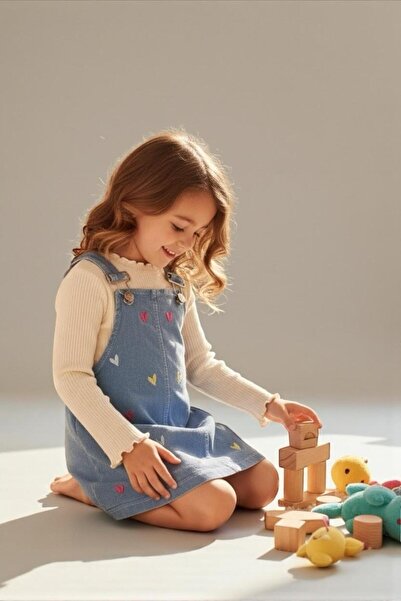 ALTINTAŞ BABY Colorful Heart Embroidered Transitional Knitted Denim Fabric Cotton 2-Piece Salopet Set