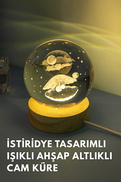 Zogira İstiridye ve İnci Temalı 3D Işıklı Cam Küre | Ahşap Altlıklı USB LED Gece Lambası | Hediye Dekor