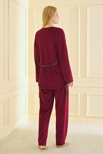 TURAY Premium Soft Velvet 3-Piece Women's Burgundy Pajama Set with Robe