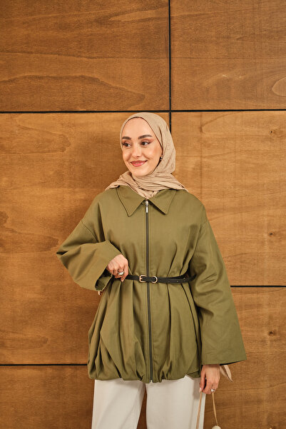 LOCCO Kadın Pile Detay Gabardin Ceket Yeşil