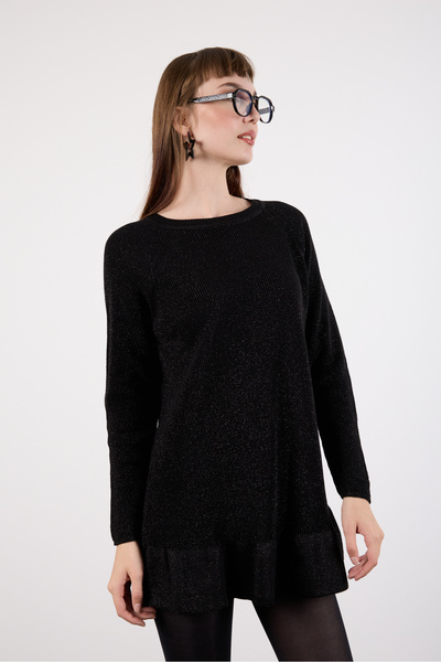 Moda Days Women's Black Raglan Sleeve Frilly Hem Glitter Knit Sweater