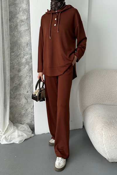 Mogi Butik Γυναικείο Σετ Μοντέρνο Υφασμάτινο Σετ με Κουμπωτά με κουκούλα oversized Τσέττιρ 3107