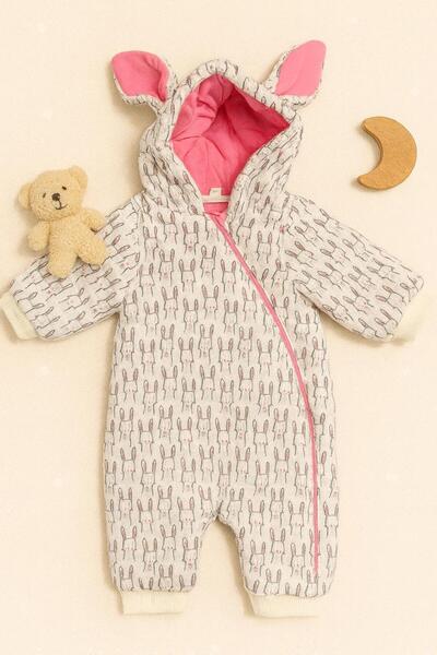 ZERA KIDS Yeni Sezon Sevimli Tavşan Figürlü Fermuarlı Kapüşonlu Bebek-Çocuk Welsoft Tulum