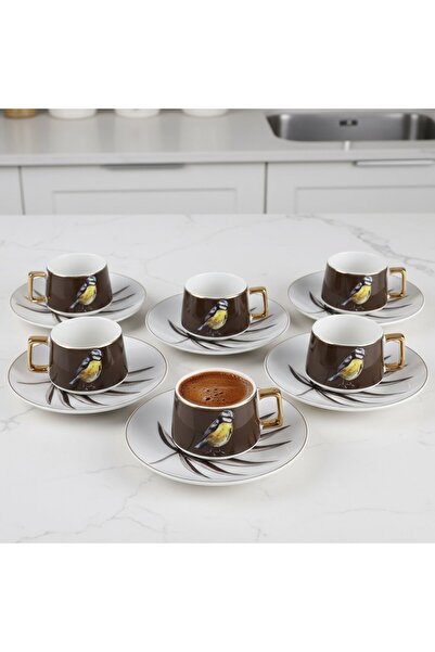 FAIR HOME Brown Birdy Porcelain Cup Set for 6 People with Bird Figures