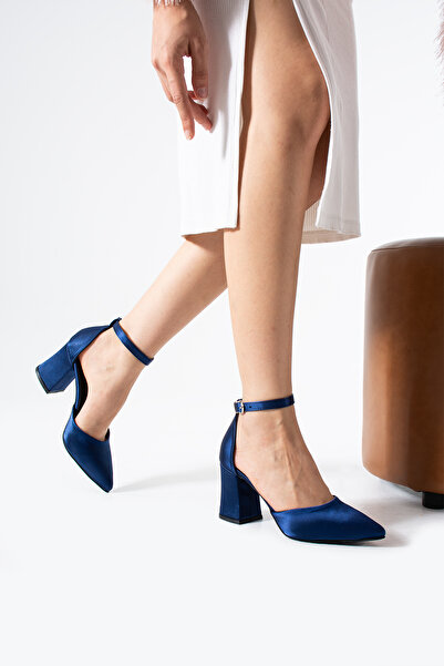 YARENAY Navy Blue Satin Thick Evening Dress Shoes