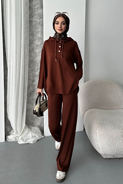 Mogi Butik Γυναικείο Σετ Μοντέρνο Υφασμάτινο Σετ με Κουμπωτά με κουκούλα oversized Τσέττιρ 3107