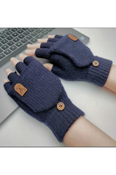 kho military design Navy Blue Color Half Finger Wool Knitted Gloves Unisex