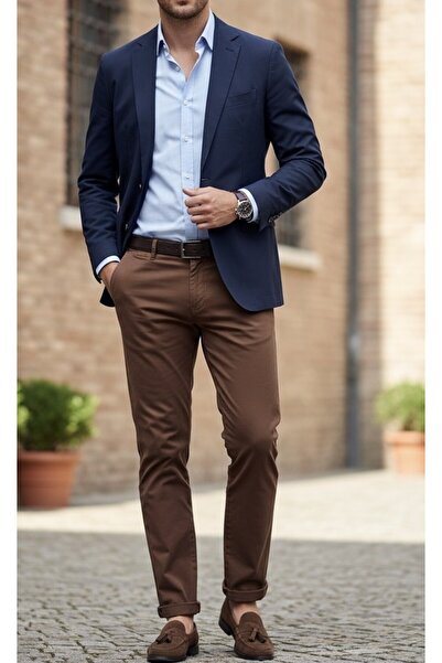 TheSeason Чоловічі штани з габардину з бавовни, облягаючі, еластичні, з корицевим кольором