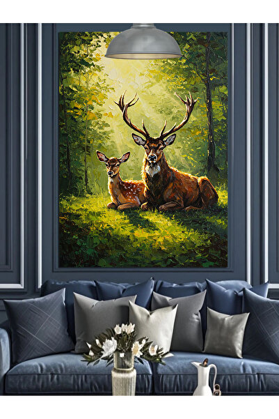 Tablo Mega Ormandaki Boynuzlu Kahverengi Geyik Ve Yavrusu Dekoratif Kanvas - ...
