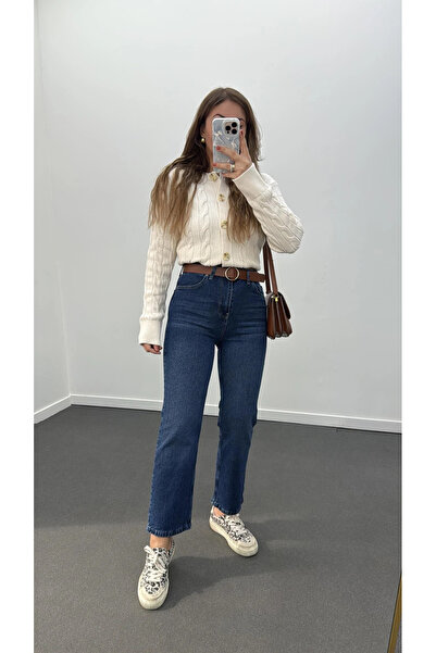 Bluezoni Pantaloni de denim elastici pentru femei, cu centură, mărimea materi...
