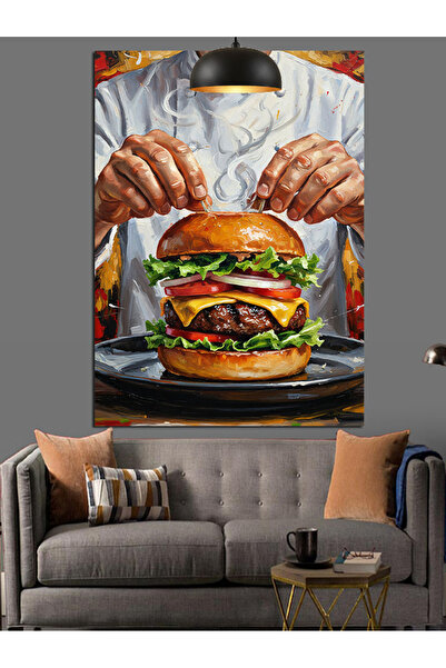 Tablo Mega Burger Yapan Bir Adam Dekoratif Kanvas - Mdf Ahşap Tablo