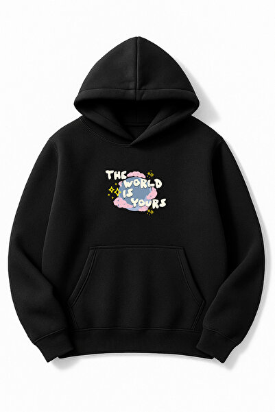 Altair Tr سويت شيرت أسود قصة فضفاضة للجنسين The World Is Yours B مطبوع K بغطا...