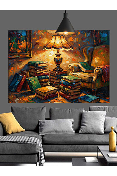 Tablo Mega Abajurlu Kitap Okuma Ortamı Dekoratif Kanvas - Mdf Ahşap Tablo
