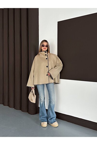 ParlaMira Women's Oversized Premium Cashmere High Collar Piped Button Jacket