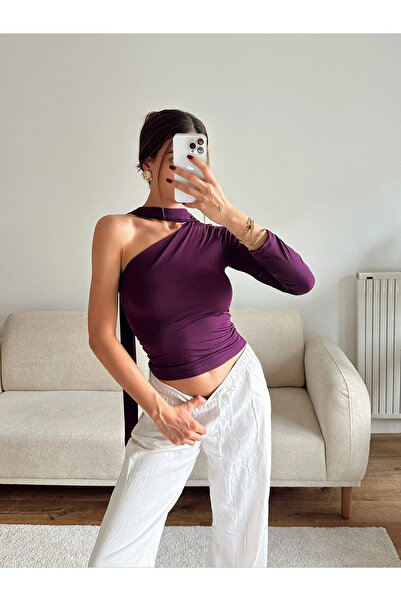 Zoom Butik Tek Omuz Fularlı Bluz - MOR
