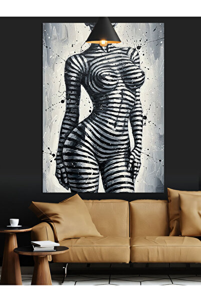 Tablo Mega Zebra Çizgili Desenler Ve Nü Kadın Dekoratif Kanvas - Mdf Ahşap Tablo