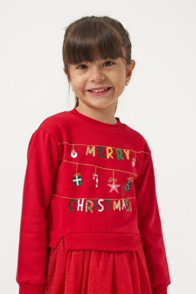 Magu Girl's Cotton Red New Year Themed Tulle Dress - Merry Christmas Printed