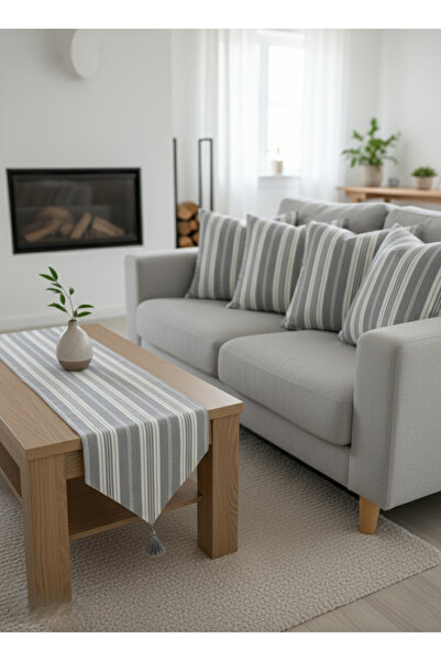 shopshop Gray and White Striped Decorative 4-Piece Throw Pillow Cover and Tasseled Runner Cover Set