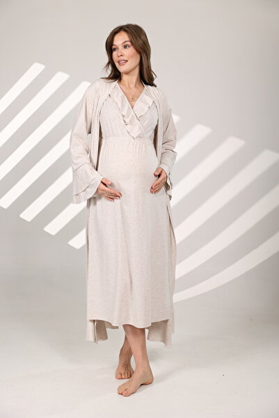 Nisy Collection Bej Melanj Kruvaze Sabahlıklı Lohusa Gecelik Takımı