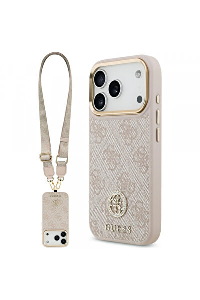 Apple Husa pentru iPhone 17 Pro, Guess, 4G Strass Logo and Big Strap, Roz