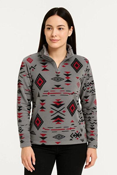 Genel Markalar Kadın Yarım Fermuarlı Desenli Polar Sweat Tribal Etnik Desen Yakalı, Uzun Kollu, Oversize Rahat Kalı