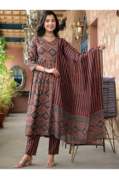 MYSMAR Brown Viscose Cotton Salwar Kameez Dupatta - ALV1460 | Brown