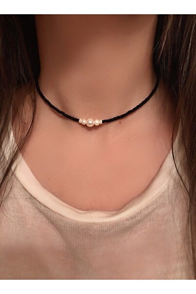 by Natalie Black Sand Bead Pearl Necklace Choker