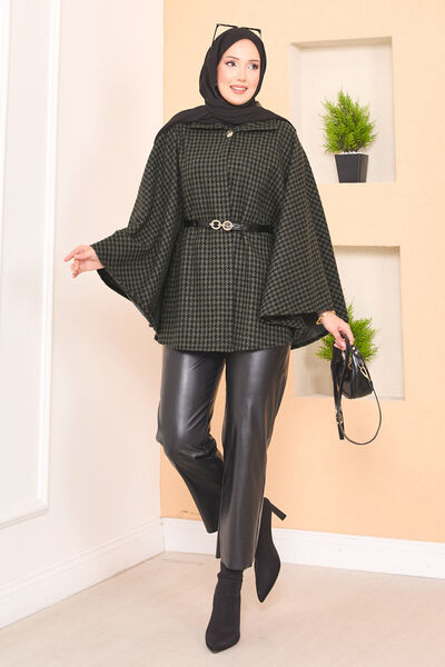 EBRUTESETTÜR Houndstooth Patterned Belted Hijab Poncho