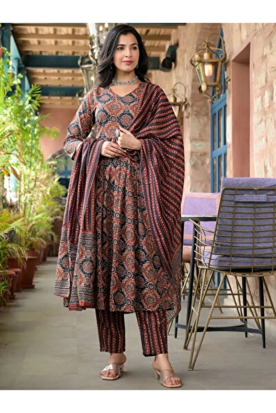 MYSMAR Brown Viscose Cotton Salwar Kameez Dupatta - ALV1460 | Brown