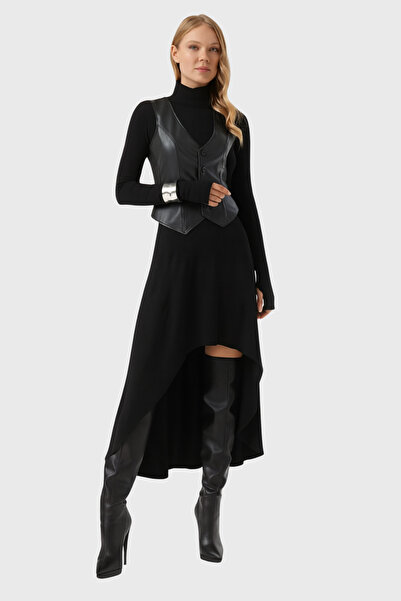 By Yaren Yazıcı Kadın Siyah Ön Suni Deri Arka Çelik Örgü V Yaka Düğmeli Ön Ka...