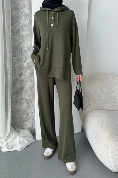 Mogi Butik Γυναικείο Σετ Μοντέρνο Υφασμάτινο Σετ με Κουμπωτά με κουκούλα oversized Τσέττιρ 3107