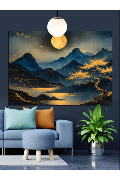 Artmeg Pânză decorativă cu peisaj marin cu lună plină și munți - Tablou din l...