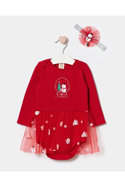 Magu Baby Girl Cotton Red Snowman Themed Tulle Skirted Bodysuit Set - with Headband Accessory