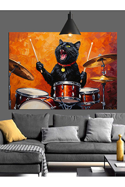 Artmeg Pânză decorativă muzicală cu pisica neagră care cântă la tobe - Tablou...