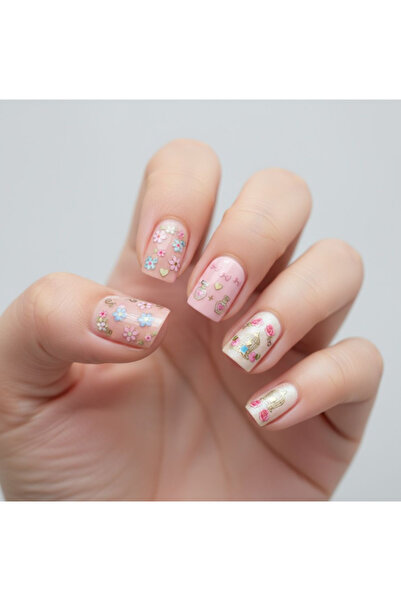 BuradaBuldun 3 lü Nail Art Sticker Seti - 36 Adet (Kuş Kafesi, Kurdele ve Çiç...
