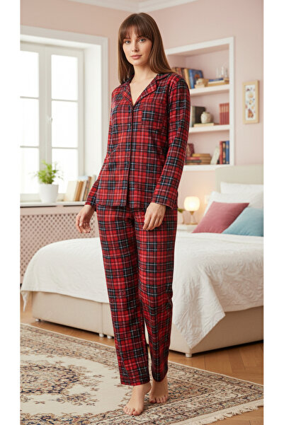POLKAN Ekose Boydan Düğmeli Pijama Takım Süet Kumaş