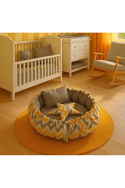 Bila Baby Stqueen Large Size Organic Fabric Gray-Yellow Striped Foldable Sleeping and Play Mat 150X150