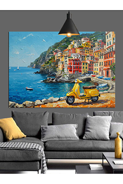 Artmeg Scooter Barcă Orașul Mediteranean Pânză decorativă - Masă din lemn MDF