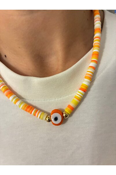 DeNors Orange Fimo Evil Eye Beaded Necklace |   Fimo Necklace |   Evil Eye Be...