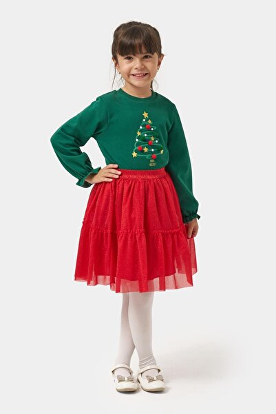 Magu Girl's Cotton Green Christmas Tree Printed Long Sleeve Red Tulle Set - Happy Holidays Themed