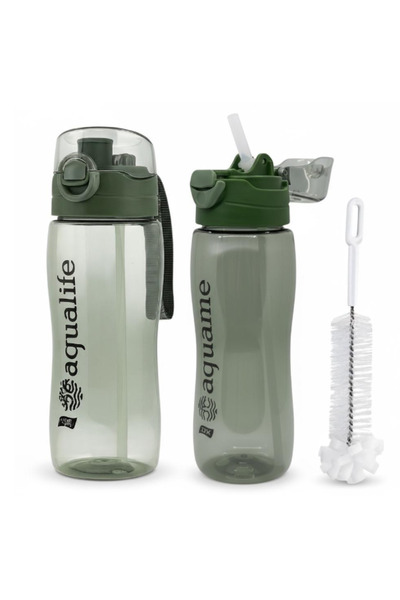 BuradaBuldun Titiz Rio Water Bottle 750 ml with Lid - with Straw, Water Bottle with Protective Cover Green + Cleaning Brush
