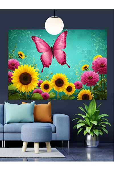 Artmeg Pânză decorativă cu flori colorate de floarea-soarelui și fluturi - Ta...