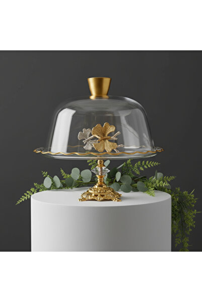 ÇNR Home Collection GOLD METAL AYAKLI CAM KAPAKLI KEK PASTA STANDI FANUS