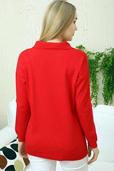 CLOUDY WEAR&DESİGN Women's V-Neck Polo Long Sleeve Slit Basic Knitwear Sweater