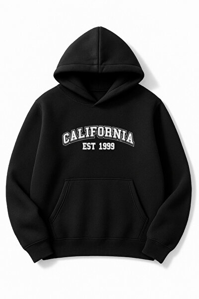 Altair Tr سويت شيرت أسود قصة فضفاضة للجنسين كاليفورنيا مطبوع بغطاء رأس