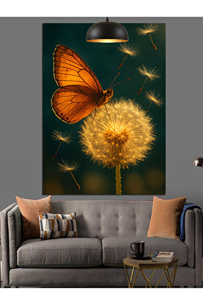 KanvasSepeti Pictură în ulei cu fluture portocaliu și păpădie, texturată, de ...