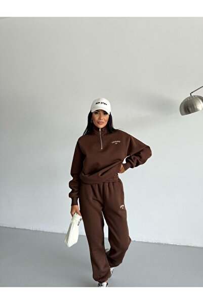 My Loore Women's Brown Half Zip Sweatshirt and Sweatpants Set